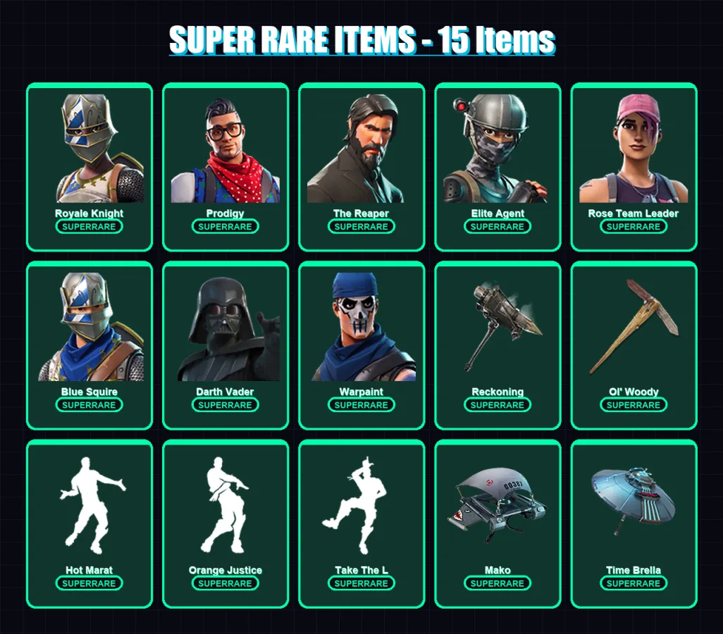 [PS4/PS5/XBOX/PC] | Royale Knight | Prodigy | The Reaper | Elite Agent | Rose Team Leader | 112 skin | 168 pickaxe | 115 emote | 150 glider | Lv1954