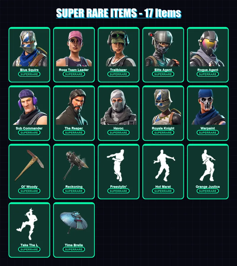 [PC] | Blue Squire | Rose Team Leader | Trailblazer | Elite Agent | Rogue Agent | 84 skin | 65 pickaxe | 86 emote | 65 glider | Lv792 — Fortnite account