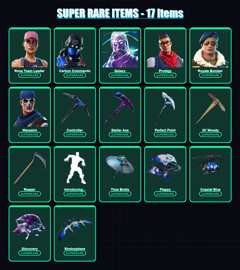 [PC/XBOX/PSN] | Rose Team Leader | Carbon Commando | Galaxy | Prodigy | Royale Bomber | 102 skin | 116 pickaxe | 109 emote | 99 glider | Lv1926
