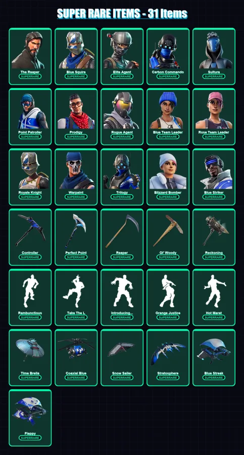 [PS4/PS5/XBOX/PC] | The Reaper | Blue Squire | Elite Agent | Carbon Commando | Sultura | 140 skin | 138 pickaxe | 158 emote | 129 glider | Lv1662