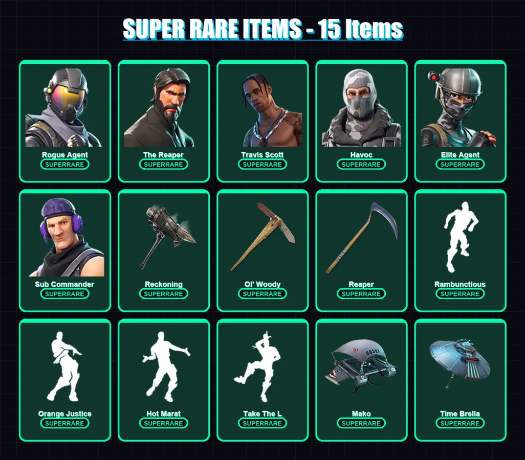 [PS4/PS5/PC] | Rogue Agent | The Reaper | Travis Scott | Havoc | Elite Agent | 102 skin | 114 pickaxe | 110 emote | 120 glider | Lv2457