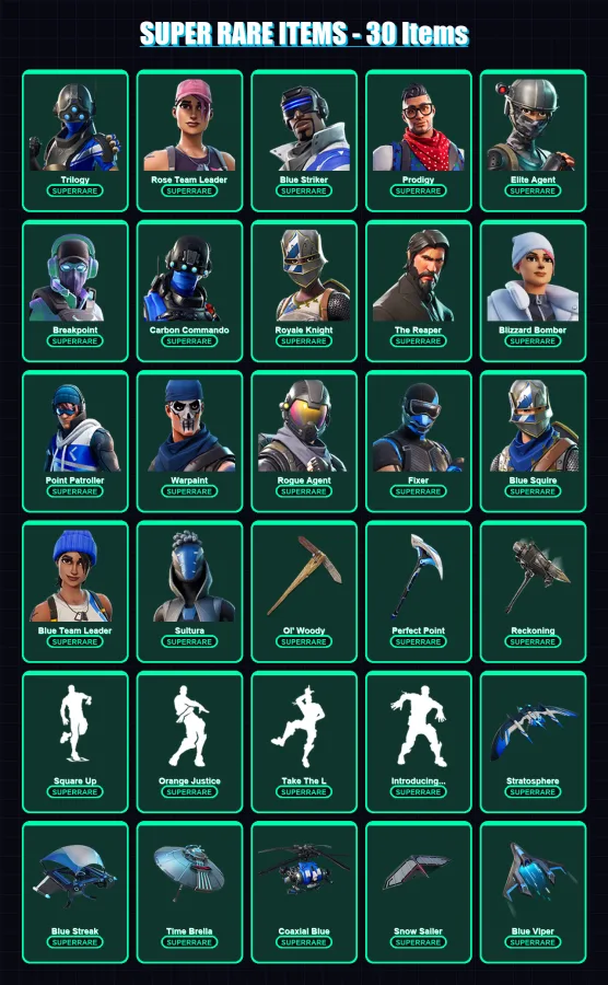 [PS4/PS5/XBOX/PC] | Trilogy | Rose Team Leader | Blue Striker | Prodigy | Elite Agent | 98 skin | 104 pickaxe | 117 emote | 111 glider | Lv1439