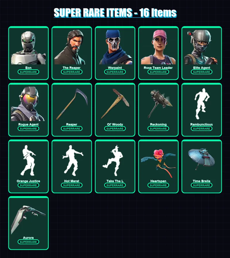 [PC] | Eon | The Reaper | Warpaint | Rose Team Leader | Elite Agent | 285 skin | 258 pickaxe | 227 emote | 206 glider | Lv2984