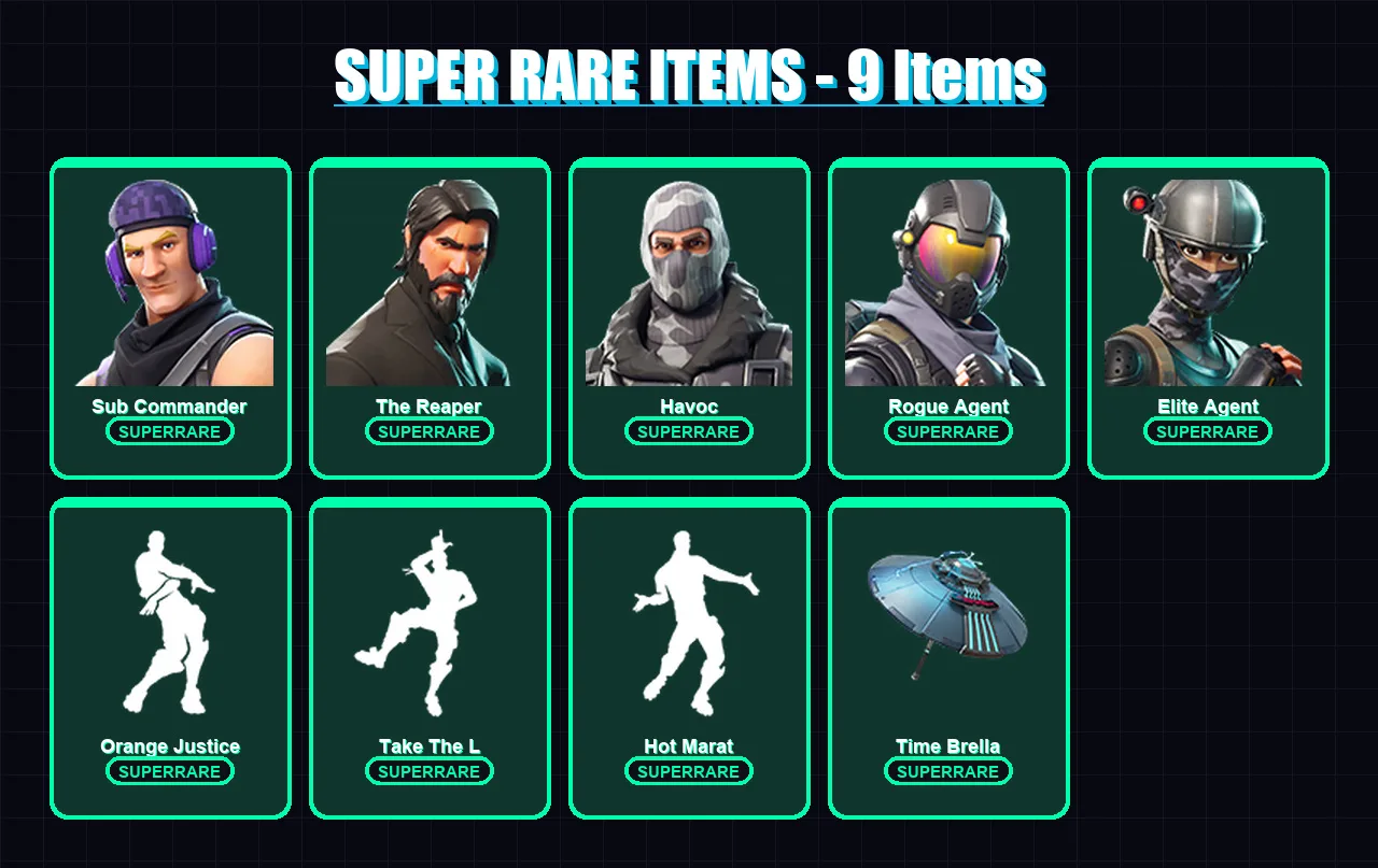 [PS4/PS5/XBOX/PC] | Sub Commander | The Reaper | Havoc | Rogue Agent | Elite Agent | 10 skin | 38 pickaxe | 27 emote | 37 glider | Lv531