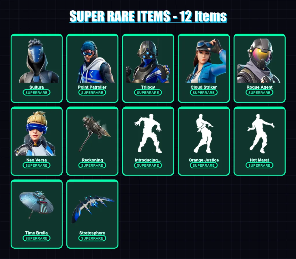 [PS4/PS5/XBOX/PC] | Sultura | Point Patroller | Trilogy | Cloud Striker | Rogue Agent | 118 skin | 135 pickaxe | 126 emote | 131 glider | Lv2271