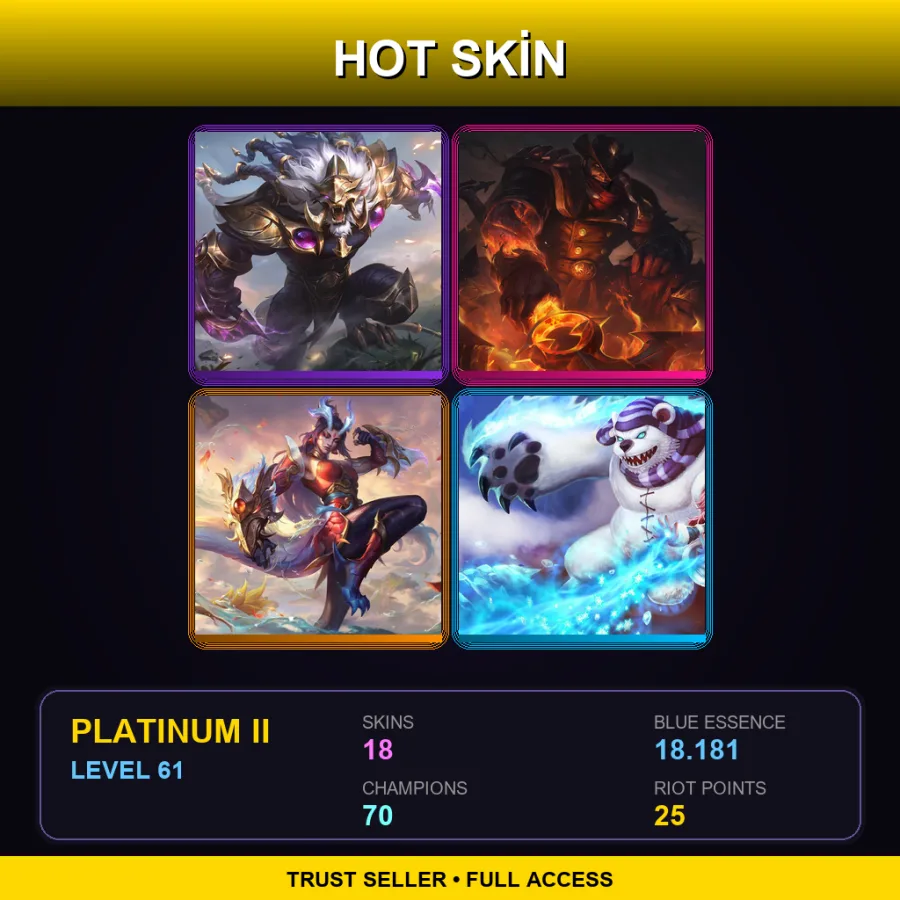 EUW | Victorious Rengar | High Noon Darius | Immortal Journey Shyvana | Frostfire Annie | 18 Skin | 70 Champ | Platinum II | Lv61