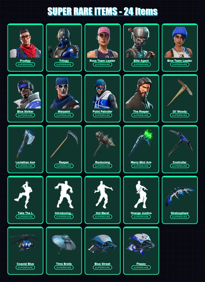 [PC/XBOX] | Prodigy | Trilogy | Rose Team Leader | Elite Agent | Blue Team Leader | 167 skin | 193 pickaxe | 180 emote | 172 glider | Lv2791