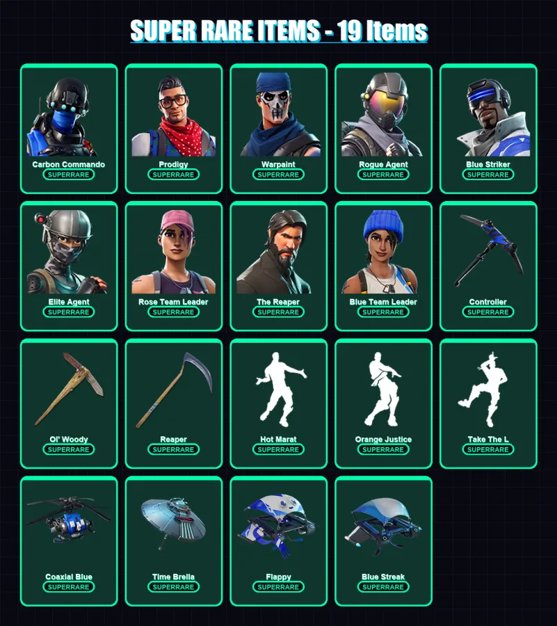 [PC/XBOX] | Carbon Commando | Prodigy | Warpaint | Rogue Agent | Blue Striker | 88 skin | 85 pickaxe | 96 emote | 86 glider | Lv1121