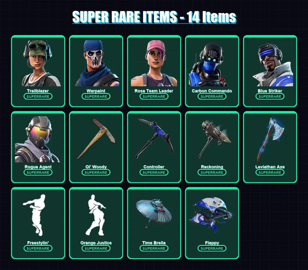 [PS4/PS5/XBOX/PC] | Trailblazer | Warpaint | Rose Team Leader | Carbon Commando | Blue Striker | 43 skin | 44 pickaxe | 44 emote | 47 glider | Lv655