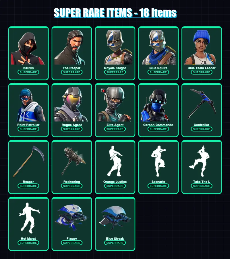[PS4/PS5/XBOX/PC] | IKONIK | The Reaper | Royale Knight | Blue Squire | Blue Team Leader | 79 skin | 46 pickaxe | 104 emote | 64 glider | Lv891