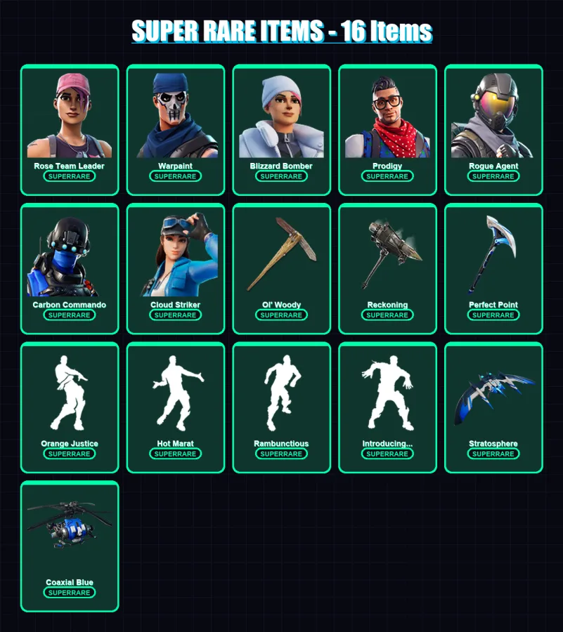 [PS4/PS5/XBOX/PC] | Rose Team Leader | Warpaint | Blizzard Bomber | Prodigy | Rogue Agent | 81 skin | 97 pickaxe | 130 emote | 85 glider | Lv1096