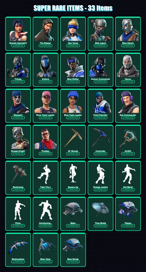 [PS4/PS5/XBOX/PC] | Sparkle Specialist | The Reaper | Neo Versa | Elite Agent | Blue Squire | 132 skin | 115 pickaxe | 116 emote | 121 glider | Lv15 — Fortnite account