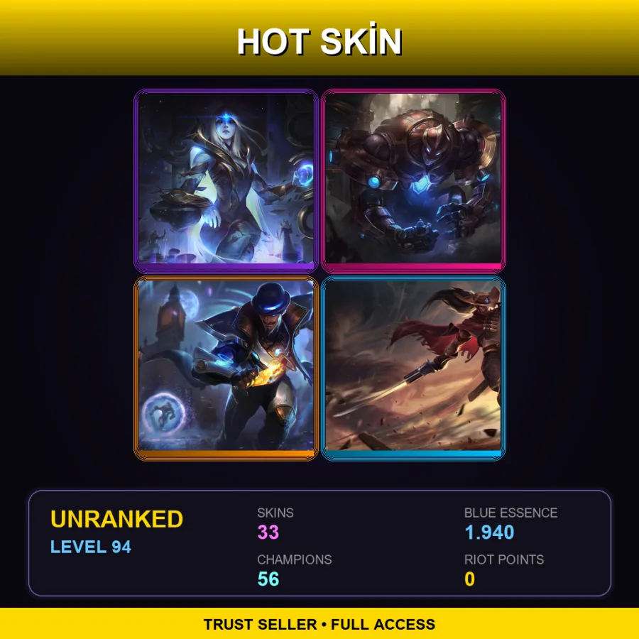 SG | Lv94 | Unranked | 33 Skin | 56 Champ — LoL account