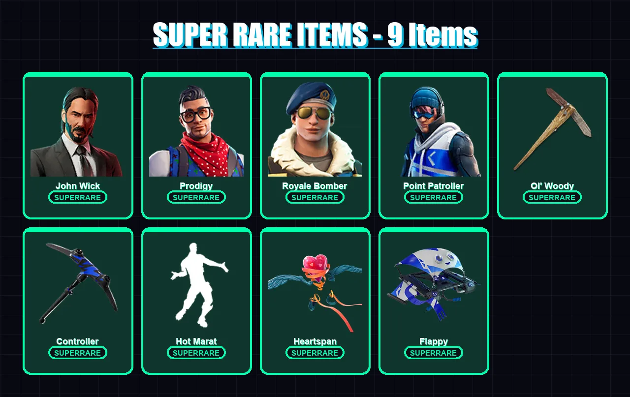 [PC/XBOX/PSN] | John Wick | Prodigy | Royale Bomber | Point Patroller | Lynx | 68 skin | 73 pickaxe | 74 emote | 66 glider | Lv924