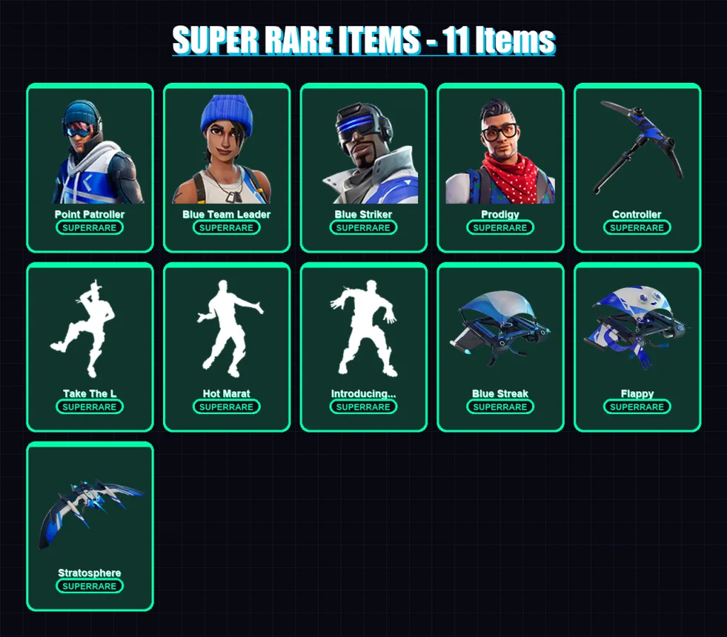 [PC] | Point Patroller | Blue Team Leader | Blue Striker | Prodigy | Deadpool | 32 skin | 41 pickaxe | 53 emote | 47 glider | Lv564