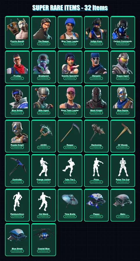[PC] | Psycho Bandit | The Reaper | Blue Team Leader | Indigo Kuno | Carbon Commando | 323 skin | 294 pickaxe | 263 emote | 211 glider | Lv2349