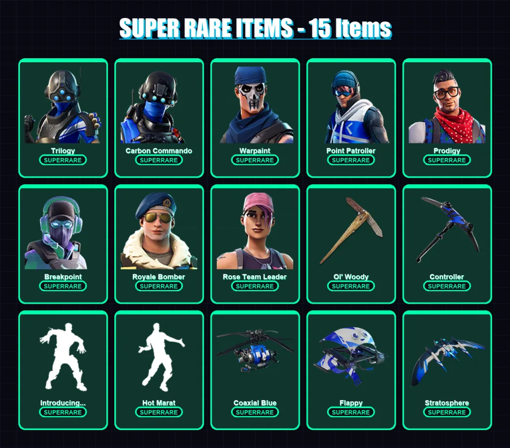 [PC/XBOX] | Trilogy | Carbon Commando | Warpaint | Point Patroller | Prodigy | 112 skin | 102 pickaxe | 80 emote | 79 glider | Lv951