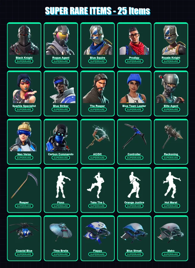 [PS4/PS5/XBOX/PC] | Black Knight | Rogue Agent | Blue Squire | Prodigy | Royale Knight | 183 skin | 198 pickaxe | 172 emote | 182 glider | Lv2798