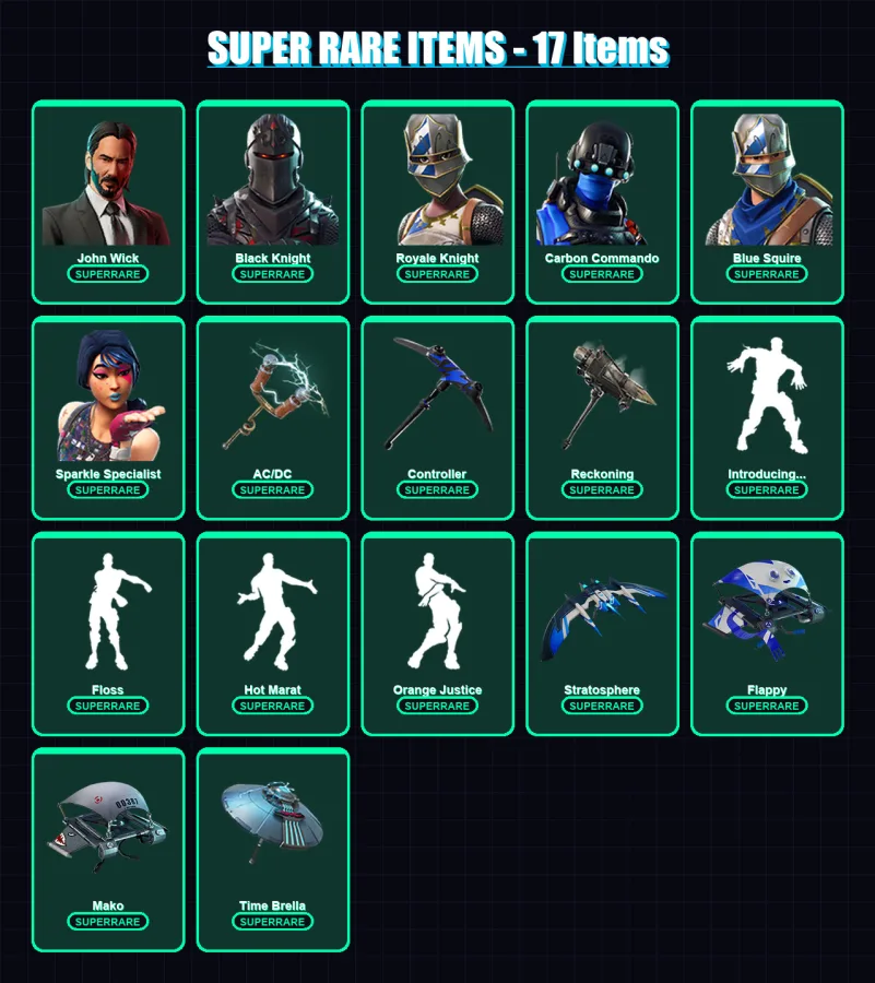 [PS4/PS5/XBOX/PC] | John Wick | Black Knight | Royale Knight | Carbon Commando | Blue Squire | 34 skin | 30 pickaxe | 43 emote | 40 glider | Lv640