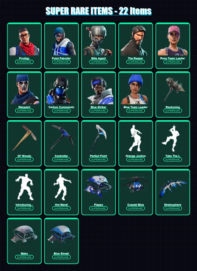 [PS4/PS5/XBOX/PC] | Prodigy | Point Patroller | Elite Agent | The Reaper | Rose Team Leader | 103 skin | 98 pickaxe | 124 emote | 97 glider | Lv1217