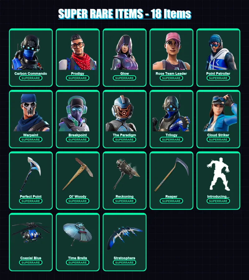 [PC/XBOX] | Carbon Commando | Prodigy | Glow | Rose Team Leader | Point Patroller | 189 skin | 202 pickaxe | 176 emote | 175 glider | Lv2405