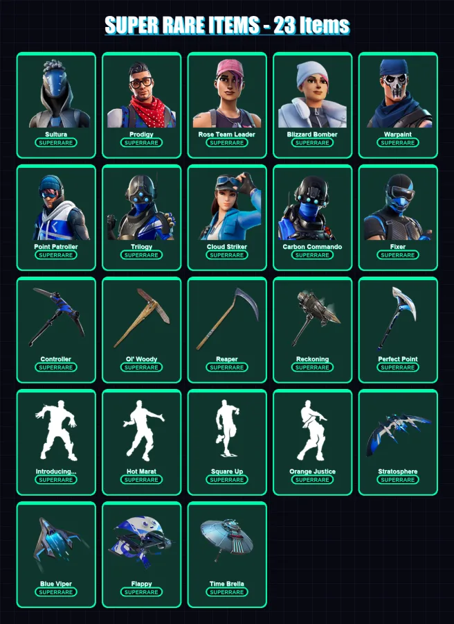 [PS4/PS5/XBOX/PC] | Sultura | Prodigy | Rose Team Leader | Blizzard Bomber | Warpaint | 178 skin | 149 pickaxe | 163 emote | 126 glider | Lv1711