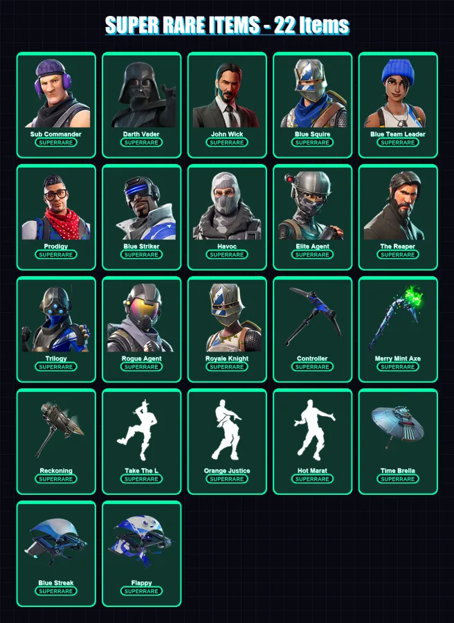 [PC] | Sub Commander | Darth Vader | John Wick | Blue Squire | Blue Team Leader | 130 skin | 113 pickaxe | 124 emote | 99 glider | Lv1272