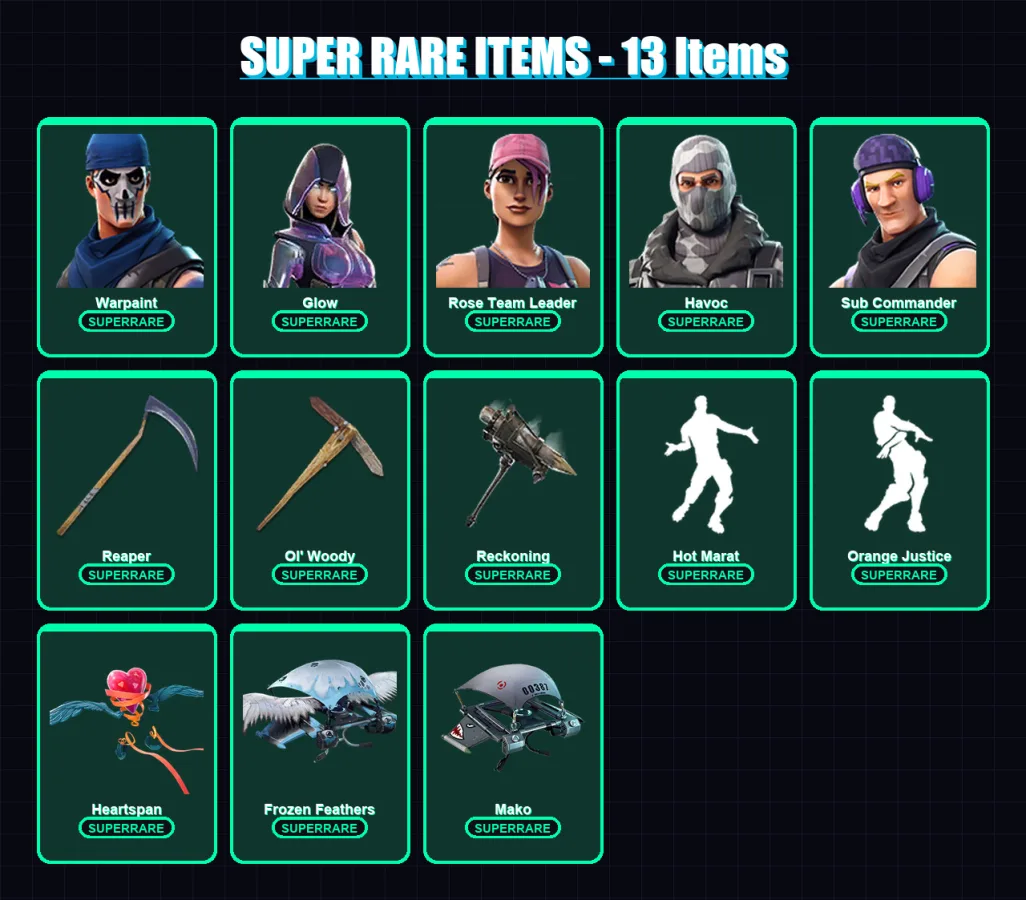 [PS4/PS5/XBOX/PC] | Warpaint | Glow | Rose Team Leader | Havoc | Sub Commander | 91 skin | 72 pickaxe | 84 emote | 72 glider | Lv1096