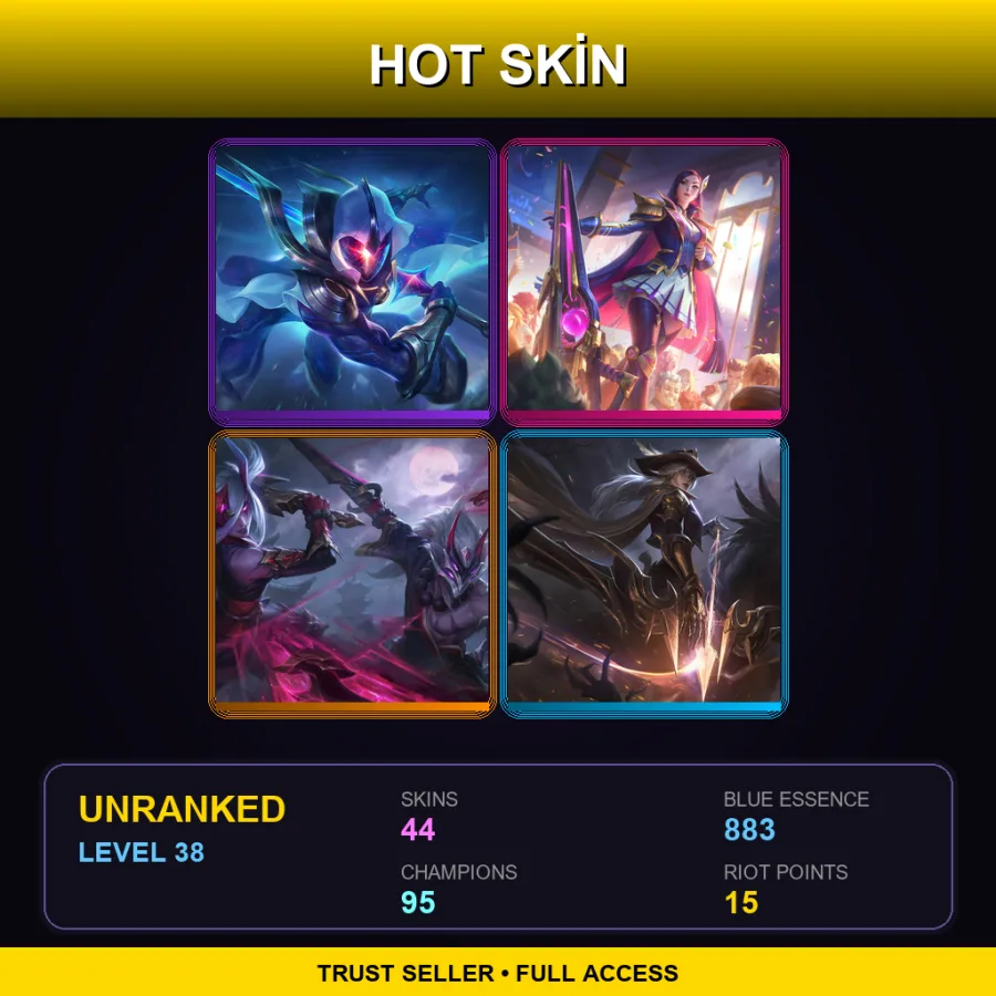 EUW | Cosmic Blade Master Yi | Battle Academia Caitlyn | Blood Moon Master Yi | High Noon Ashe | 44 Skin | 95 Champ | Lv38