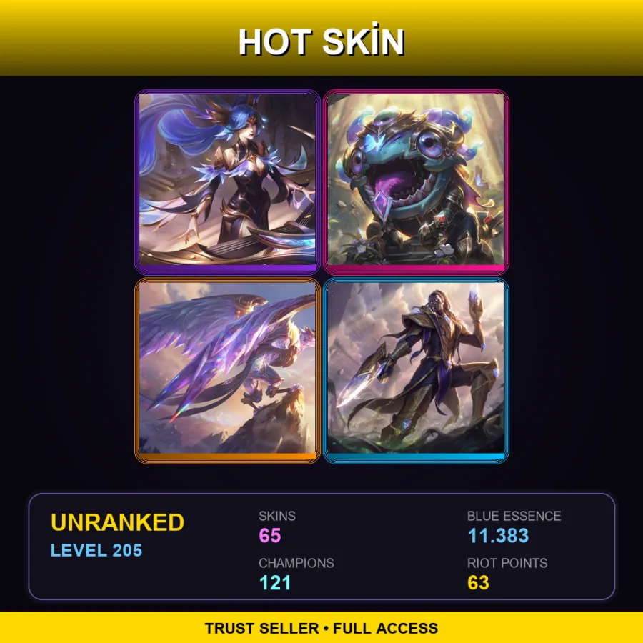 LAN | Lv205 | Unranked | 65 Skin | 121 Champ — LoL account