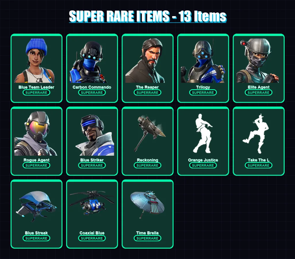 [PC/XBOX] | Blue Team Leader | Carbon Commando | The Reaper | Trilogy | Elite Agent | 79 skin | 71 pickaxe | 68 emote | 84 glider | Lv1053