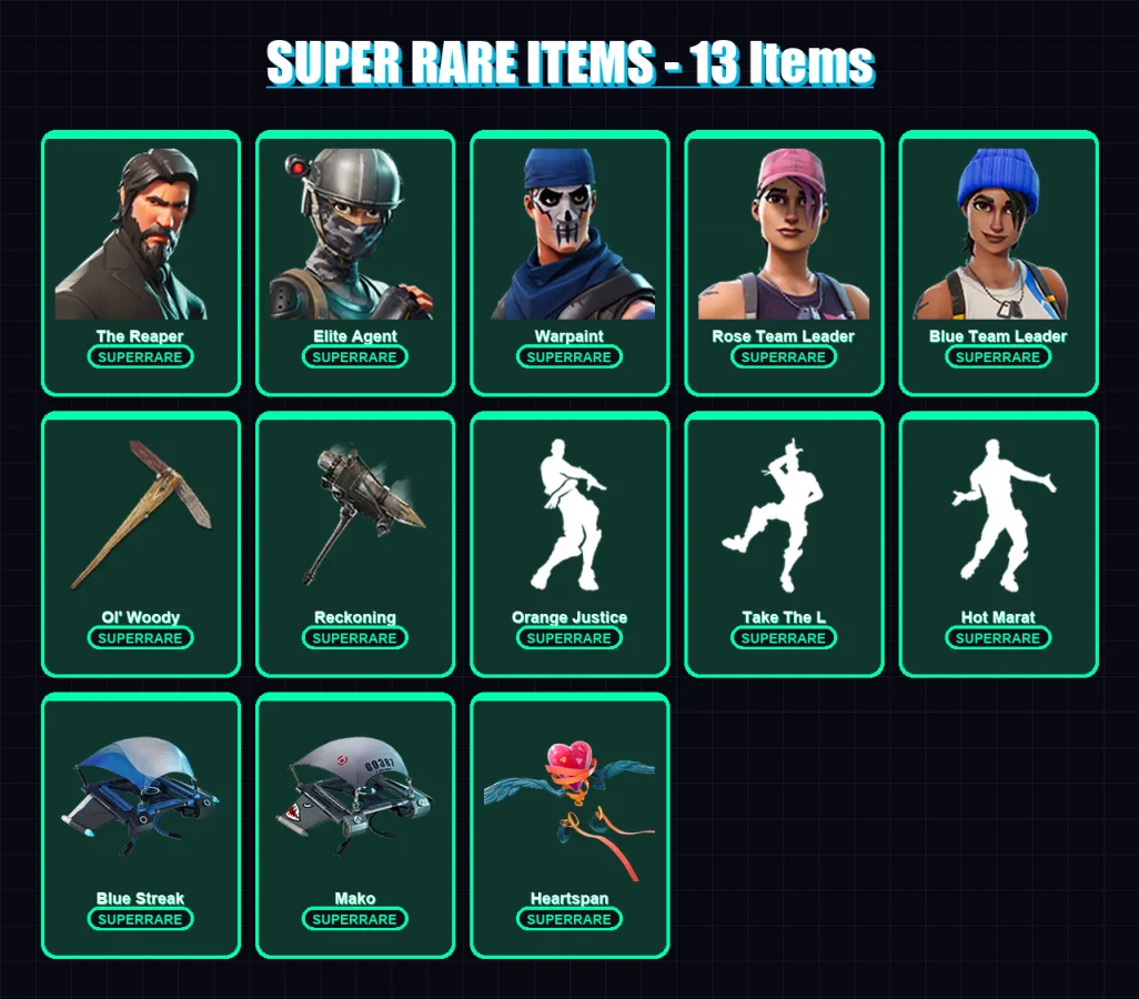 [PS4/PS5/XBOX/PC] | The Reaper | Elite Agent | Warpaint | Rose Team Leader | Blue Team Leader | 79 skin | 56 pickaxe | 74 emote | 77 glider | Lv1212