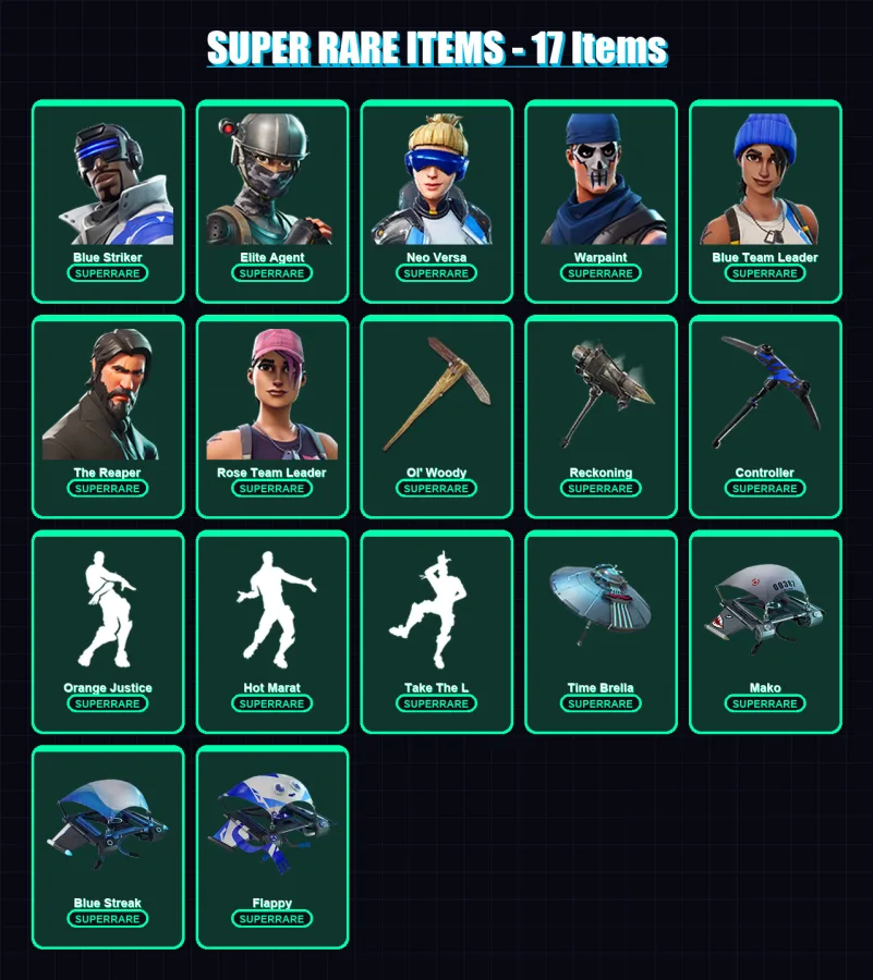 [PC/XBOX] | Blue Striker | Elite Agent | Neo Versa | Warpaint | Blue Team Leader | 86 skin | 113 pickaxe | 103 emote | 98 glider | Lv1392