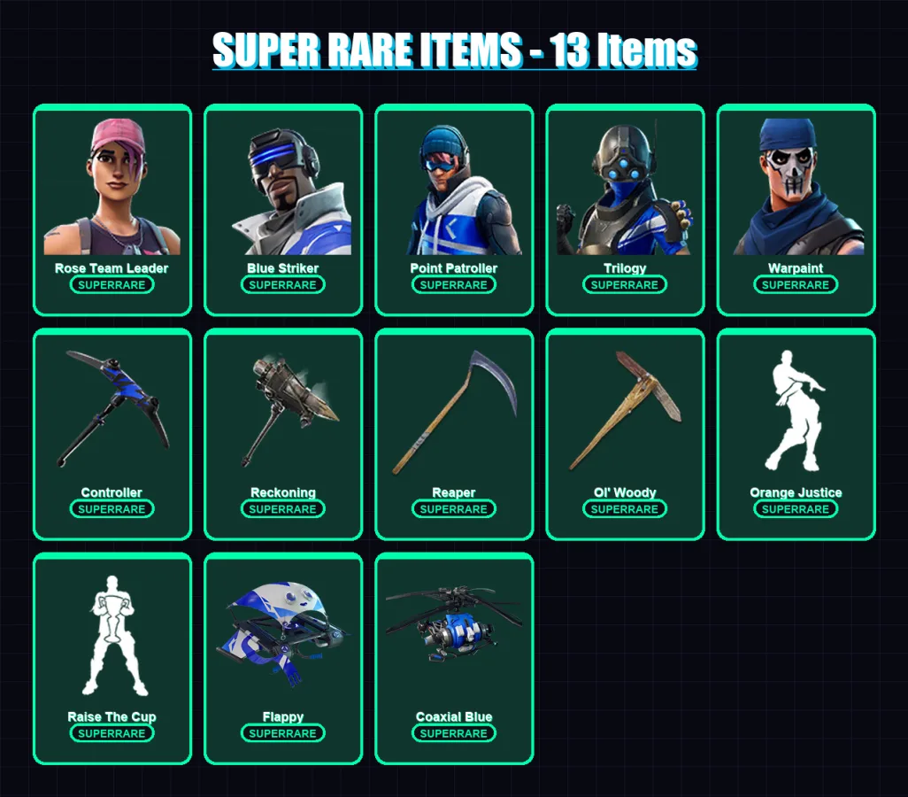 [PC/XBOX/PSN] | Rose Team Leader | Blue Striker | Point Patroller | Trilogy | Warpaint | 116 skin | 121 pickaxe | 118 emote | 102 glider | Lv1692