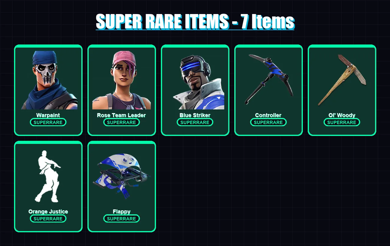 [PS4/PS5/XBOX/PC] | Warpaint | Rose Team Leader | Blue Striker | Deadfire | The Ace | 7 skin | 18 pickaxe | 22 emote | 17 glider | Lv284