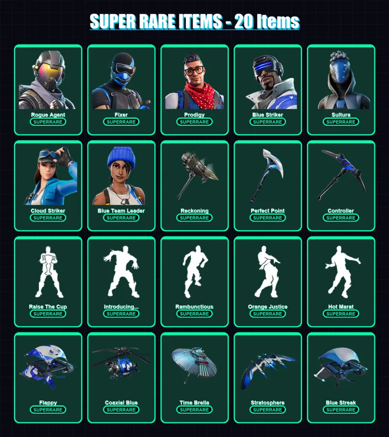 [PS4/PS5/XBOX/PC] | Rogue Agent | Fixer | Prodigy | Blue Striker | Sultura | 94 skin | 92 pickaxe | 115 emote | 106 glider | Lv1603 — Fortnite account