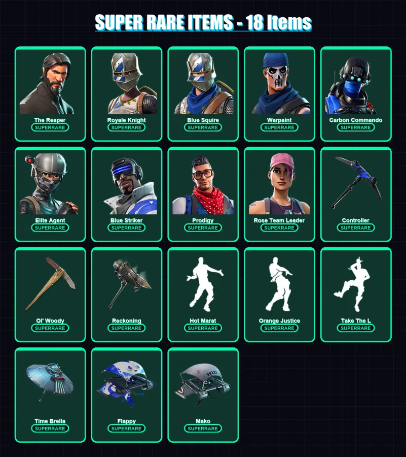 [PC] | The Reaper | Royale Knight | Blue Squire | Warpaint | Carbon Commando | 116 skin | 115 pickaxe | 98 emote | 100 glider | Lv1419