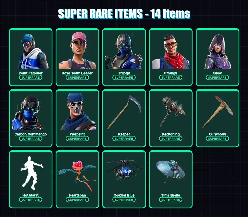 [PC/XBOX] | Point Patroller | Rose Team Leader | Trilogy | Prodigy | Glow | 107 skin | 71 pickaxe | 86 emote | 78 glider | Lv699