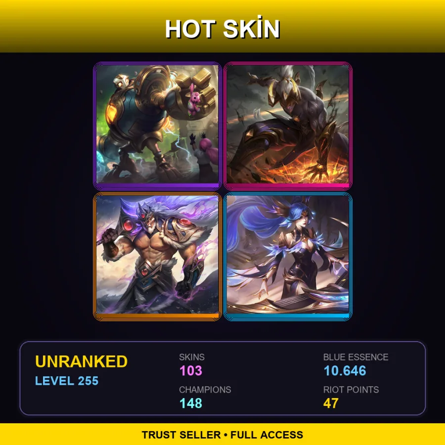 SG | Victorious Blitzcrank | Prestige Nightbringer Lee Sin | Victorious Tryndamere | Victorious Sona | 103 Skin | 148 Champ | Lv255