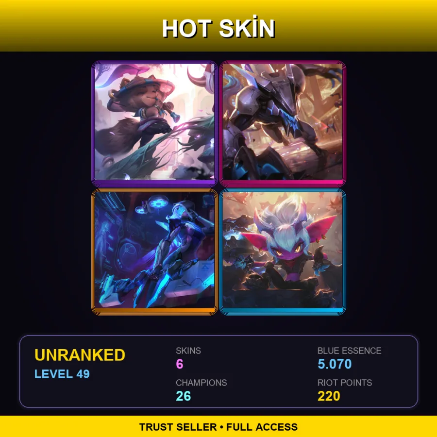 LAS | Spirit Blossom Teemo | PROJECT: Warwick | PROJECT: Ashe | Little Demon Tristana | 6 Skin | 26 Champ | Lv49