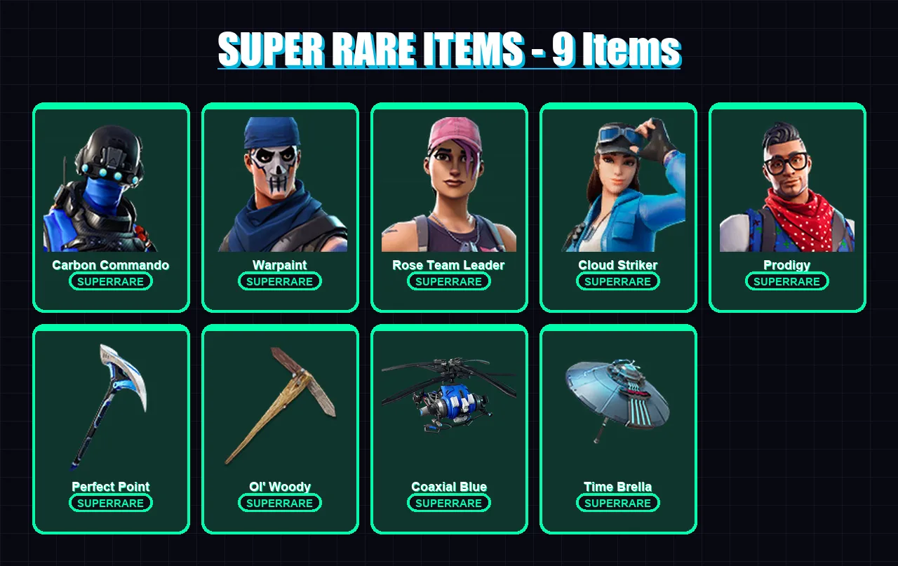 [PS4/PS5/XBOX/PC] | Carbon Commando | Warpaint | Rose Team Leader | Cloud Striker | Prodigy | 77 skin | 100 pickaxe | 84 emote | 111 glider | Lv1383