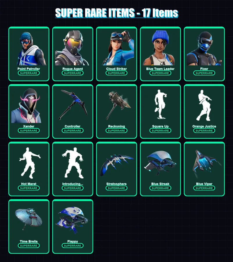 [PC/XBOX] | Point Patroller | Rogue Agent | Cloud Striker | Blue Team Leader | Fixer | 115 skin | 112 pickaxe | 116 emote | 127 glider | Lv1700