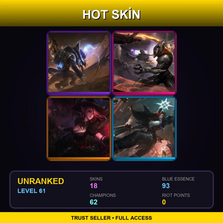 SG | Lv61 | Unranked | 18 Skin | 62 Champ — LoL account