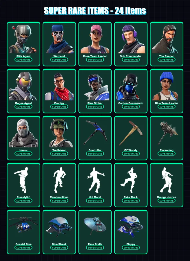 [PS4/PS5/XBOX/PC] | Elite Agent | Warpaint | Rose Team Leader | Sub Commander | The Reaper | 61 skin | 52 pickaxe | 52 emote | 50 glider | Lv530