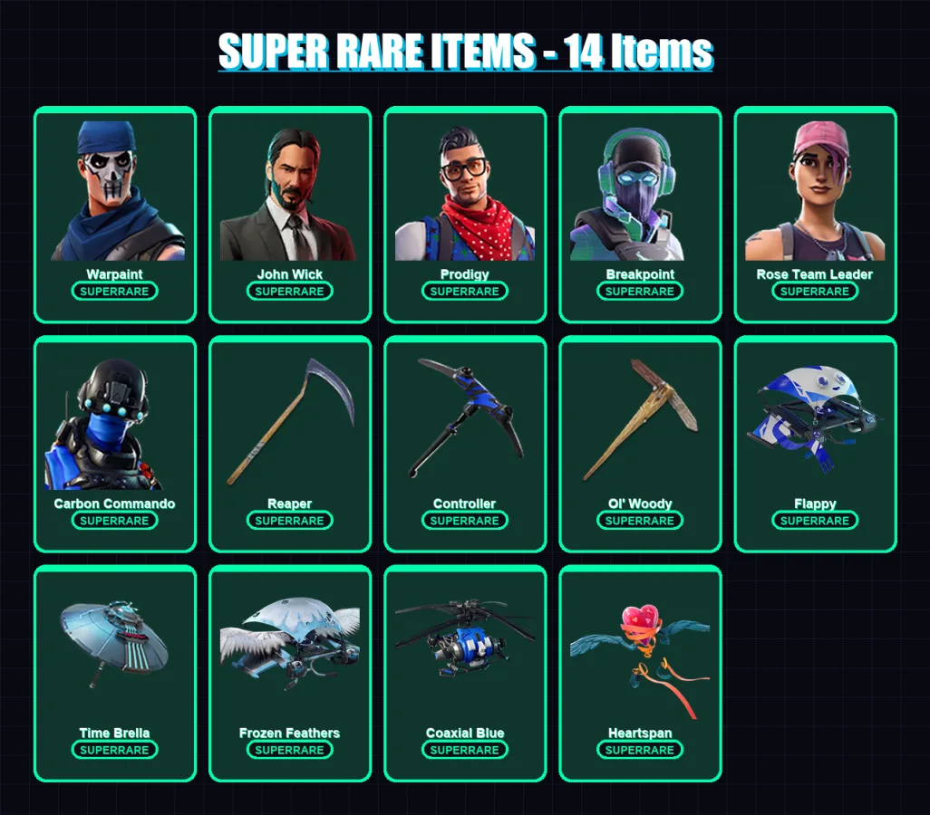 [PS4/PS5/XBOX/PC] | Warpaint | John Wick | Prodigy | Breakpoint | Rose Team Leader | 104 skin | 91 pickaxe | 72 emote | 84 glider | Lv936