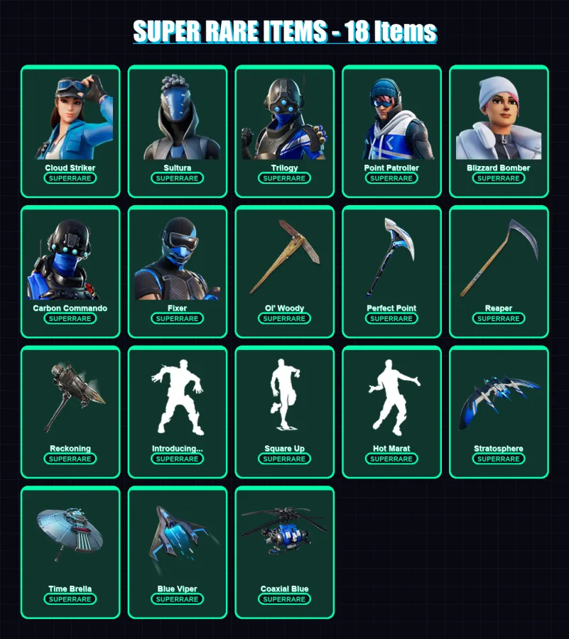 [PC] | Cloud Striker | Sultura | Trilogy | Point Patroller | Blizzard Bomber | 186 skin | 205 pickaxe | 157 emote | 176 glider | Lv2220