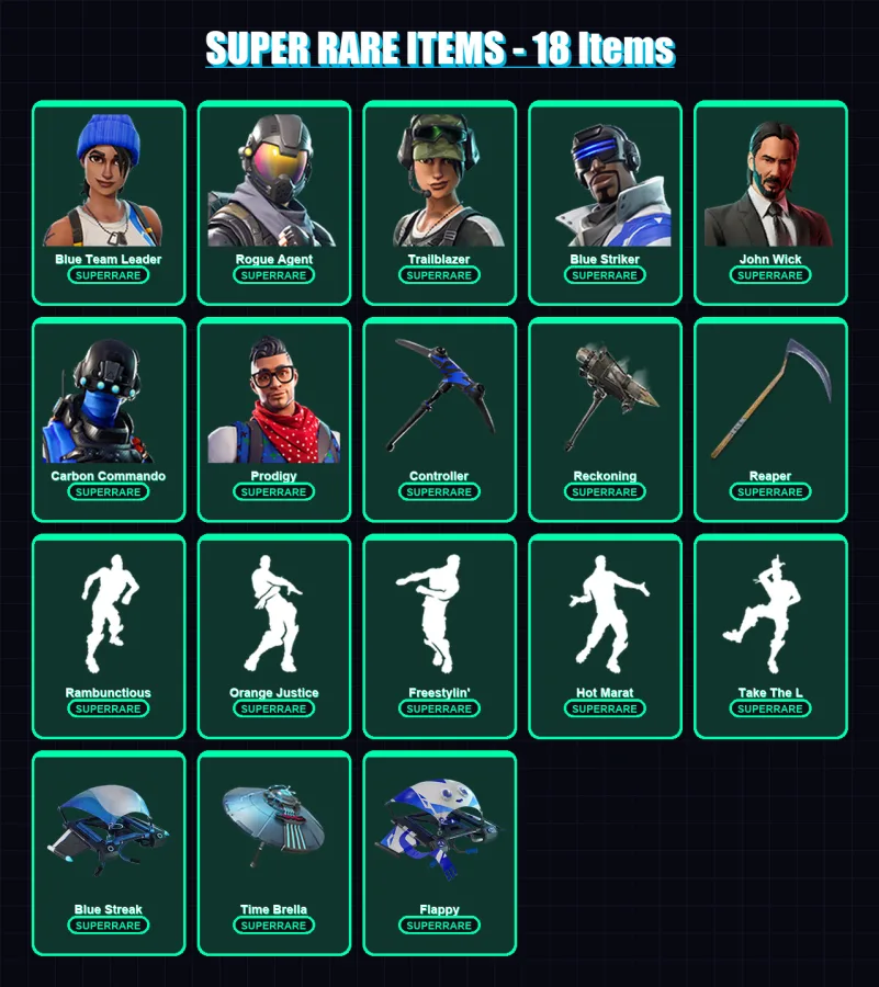 [PS4/PS5/XBOX/PC] | Blue Team Leader | Rogue Agent | Trailblazer | Blue Striker | John Wick | 107 skin | 72 pickaxe | 90 emote | 69 glider | Lv794