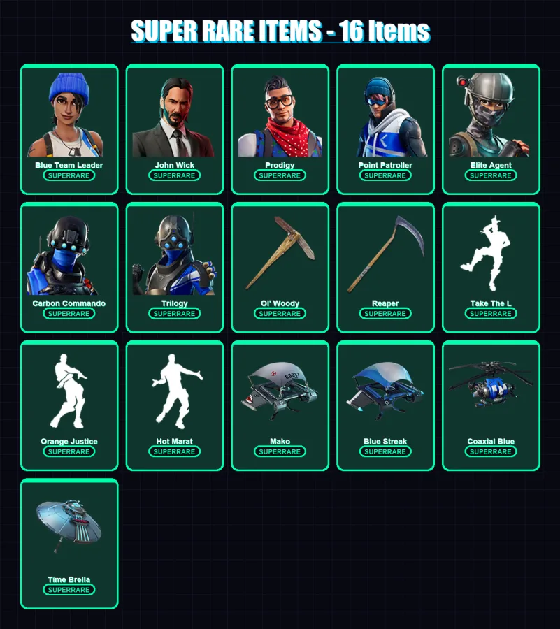 [PS4/PS5/XBOX/PC] | Blue Team Leader | John Wick | Prodigy | Point Patroller | Elite Agent | 66 skin | 62 pickaxe | 93 emote | 75 glider | Lv1188