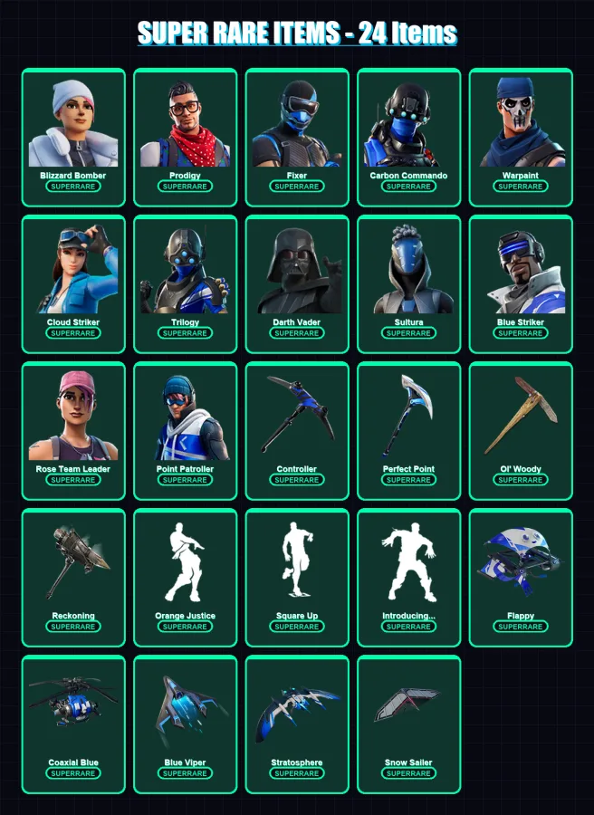 [PS4/PS5/PC] | Blizzard Bomber | Prodigy | Fixer | Carbon Commando | Warpaint | 223 skin | 204 pickaxe | 166 emote | 142 glider | Lv1345