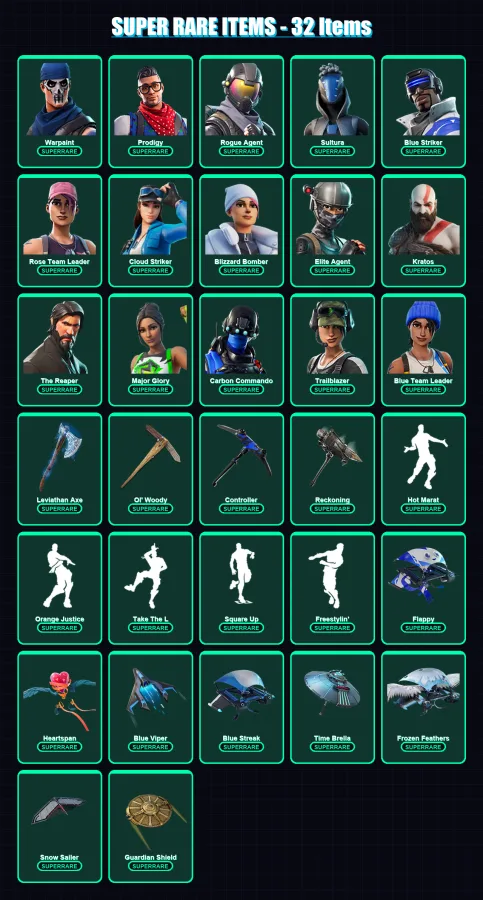 [PS4/PS5/XBOX/PC] | Warpaint | Prodigy | Rogue Agent | Sultura | Blue Striker | 253 skin | 216 pickaxe | 185 emote | 164 glider | Lv2121